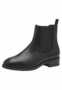 Svart läderankelstövel med elastiska sidopanels, rund tå, låg blockklack och subtila sömdetaljer. Slät textur, klassisk design.