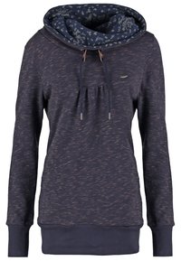 Sweat à capuche bleu foncé à manches longues avec des motifs de bandes claires, doublure intérieure florale de la capuche, cordons à l'avant et petit logo métallique sur la poitrine.