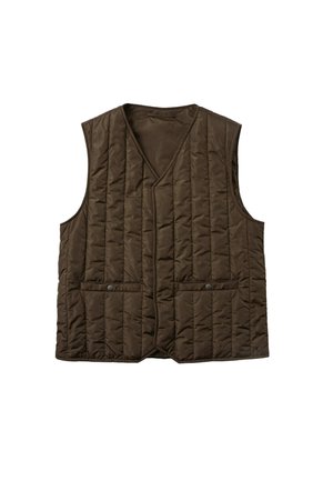 Gilet marrone trapuntato, senza maniche, con scollo a V, due tasche frontali con chiusura a scatto e motivi verticali cuciti.