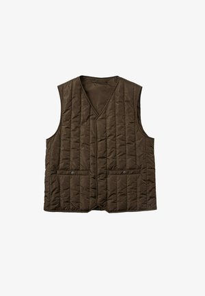 Braun gesteppte Weste, ärmelloses Design, mit V-Ausschnitt, zwei frontalen Taschen mit Druckknopfverschlüssen und gesteppten vertikalen Mustern.