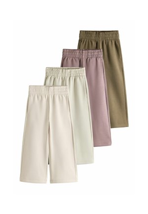 Fire par brede bukser med elastiske taljebånd i beige, lysegrå, mauve og olivengrøn, stablet overlappende på hvid baggrund.