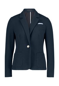 Marynarka w granatowym kolorze, wykonana z teksturowanej tkaniny, z klapami w kształcie litery V, z pojedynczym zapięciem na guzik, dwoma przednimi kieszeniami oraz jedną kieszonką na piersi z paskowym akcentem.