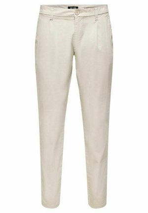 Beige, skräddarsydda byxor med knappstängning, framfickor och en smal passform. Tillverkade av ett slätt tyg, med en ren och minimalistisk design.