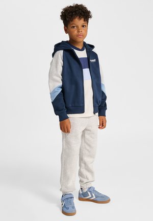 Marineblauer Hoodie mit Reißverschluss und hellblauen Akzenten, graue Jogginghose und blaue Sneakers mit braunen Sohlen; darunter ein gestreiftes Hemd.