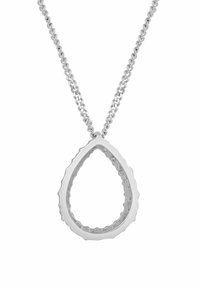 Collana d'argento con pendente a forma di lacrima con bordo testurizzato e catena sottile. Il pendente è vuoto al centro.