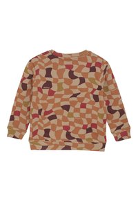 Kinderlangarmpullover mit abstraktem wellenförmigem Patchwork-Muster in Beige-, Braun-, Rot- und Senftönen, mit gerippten Bündchen und Saum.