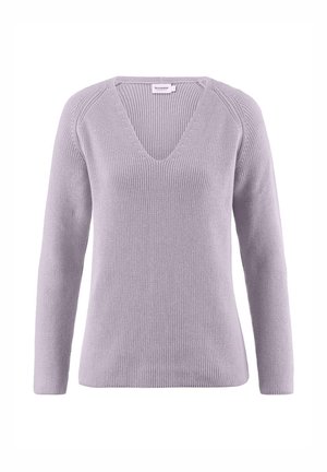 Licht lavendel gebreid sweater met een V-hals, lange mouwen en ribbeltextuur. Beschikt over raglan schoudernaden voor een relaxte pasvorm.