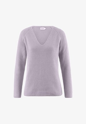 Helles lavendelfarbenes Strickpullover mit V-Ausschnitt, langen Ärmeln und gerippter Textur. Mit Raglan-Ärmeln für eine entspannte Passform.
