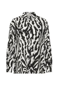 Chemise à manches longues boutonnée à imprimé zèbre noir et blanc, avec un col et des poignets légèrement bouffants.