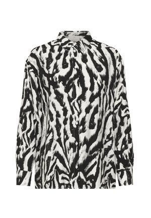 Černobílá košile s dlouhým rukávem, zapínáním na knoflíky, límečkem a mírně naraženými manžetami se vzorem zebry.