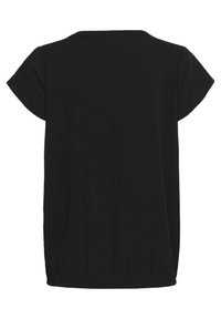 Black short-sleeve top with a round neckline and elasticated hem. Made from soft, textured material, featuring a loose, relaxed fit.
