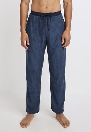 Marineblauwe pyjamabroek van lichtgewicht stof, met een trekkoord in de taille en een verticale patroon van dunne, subtiele lijnen.