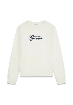 Pull blanc en tricot avec manches longues, poignets et ourlet côtelés, arborant un logo "Guess" brodé en bleu marine à l'avant.
