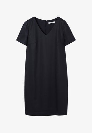 Must lühikeste varrukatega kleit V-kaelusega, sirge lõikega ja tagumise lukuõmblusega, valgel taustal esitletud.