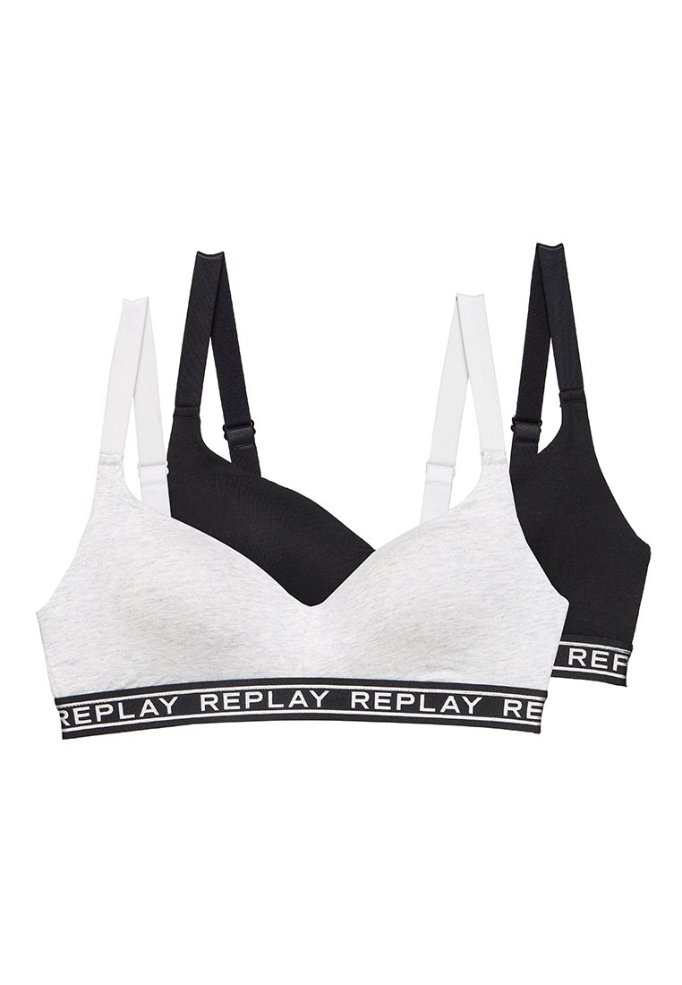 Deux soutiens-gorge en mélange de coton gris et noir, dotés d'un design sans couture avec des bretelles ajustables et une bande élastique avec logo.