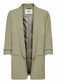 Olive green blazer with a notched collar, open front, and short sleeves. Features two front pockets and a smooth interior lining.