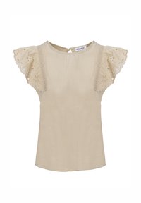 Blusa in lino beige con maniche corte in pizzo decorativo ad occhio e scollo rotondo. Presenta una chiusura con bottone posteriore e una vestibilità leggermente ampia.