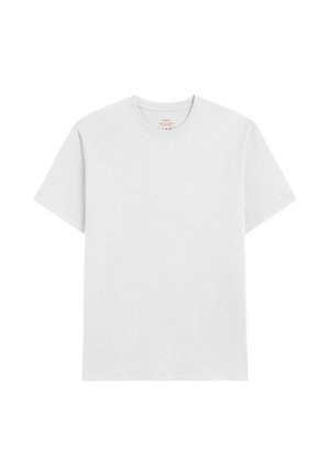 Maglietta a maniche corte bianca semplice con collo rotondo e cuciture del colletto visibili, mostrata su uno sfondo bianco.