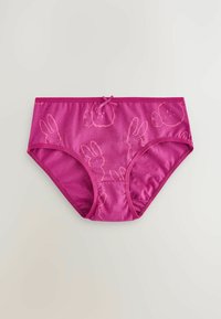 Roze katoenen bikini ondergoed met een gladde textuur, voorzien van een speelse konijnenpatroon en een klein strikje op de tailleband.