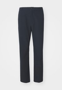 Navyblaue Hose aus strukturiertem Stoff. Mit geradem Bein, vorderen Taschen und einem Reißverschluss mit Knopfverschluss.