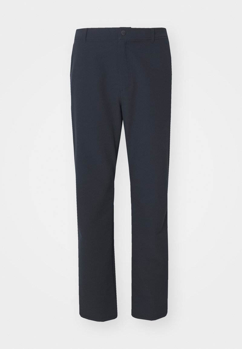 Navyblaue Hose aus strukturiertem Stoff. Mit geradem Bein, vorderen Taschen und einem Reißverschluss mit Knopfverschluss.