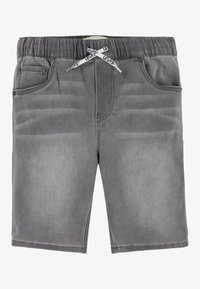 Shorts de mezclilla gris con una cinturilla elástica, bolsillos frontales y un cordón con marca. Presenta una textura desgastada y un corte recto.