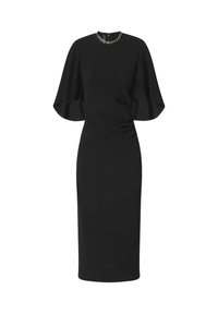 Abito midi nero con maniche corte svasate e silhouette aderente. Presenta una scollatura rotonda decorata con un motivo di perline.