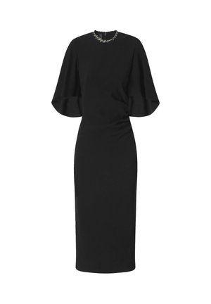 Abito midi nero con maniche corte svasate e silhouette aderente. Presenta una scollatura rotonda decorata con un motivo di perline.