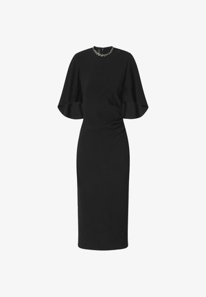 Abito midi nero con maniche corte svasate e silhouette aderente. Presenta una scollatura rotonda decorata con un motivo di perline.