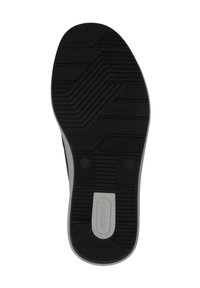 Black rubber shoe sole with textured tread patterns, featuring a light grey accent and logo. The design includes grooves for grip.