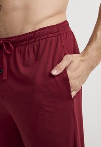 Maroon elastic waist shorts with a drawstring and side pocket. The fabric is smooth and fitted, showcasing a simple, unadorned design.