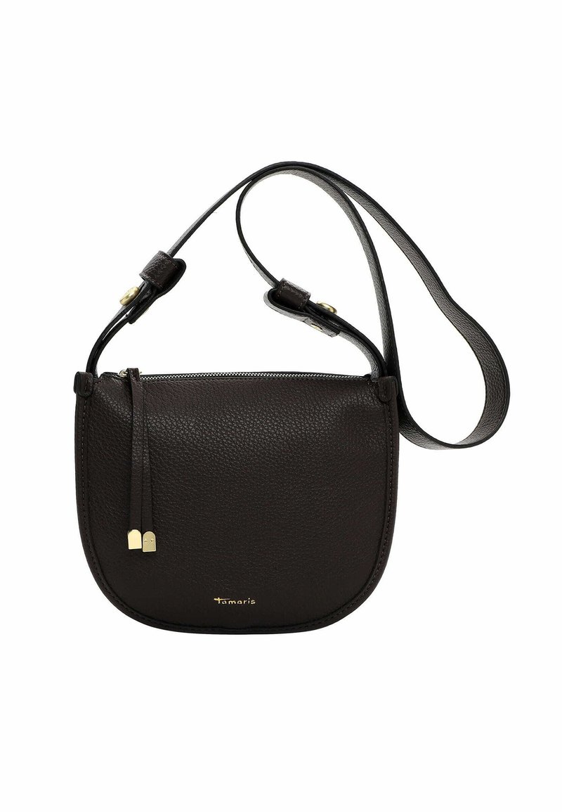 Czarna torebka crossbody z fakturowanej skóry, z regulowanym paskiem, złotym zamkiem błyskawicznym, chwastami i małym złotym logo "Tamaris" z przodu.