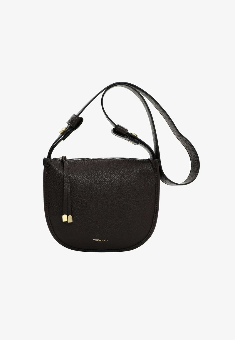 Melna akmens tekstūras ādas crossbody soma ar regulējamu siksnu, zelta rāvējslēdzēju, pušķa pievilcējiem un mazu zelta "Tamaris" logo priekšpusē.