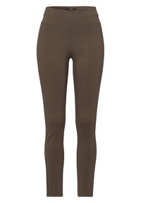 Leggings marron taille haute en tissu extensible, dotés de deux poches avant, de coutures verticales et d'un design ajusté.