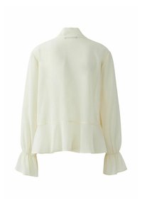 Cream long-sleeve blouse with a peplum hem and elastic ruffled cuffs, featuring a small collar and gathered back seam detail.