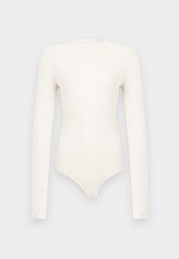 Body com mangas compridas em branco creme com um padrão geométrico subtil, apresentando um decote alto e uma silhueta ajustada, feito de tecido macio.