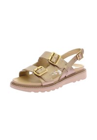 Sandal with two wide straps and buckles in metallic beige. Features a cushioned sole and rugged outsole for grip.