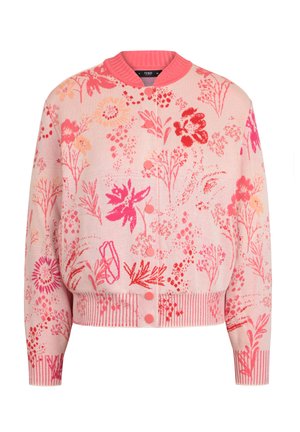 Knitted cardigan in light pink, featuring floral patterns in red and peach. Ribbed cuffs and hem; five buttons along the front.
