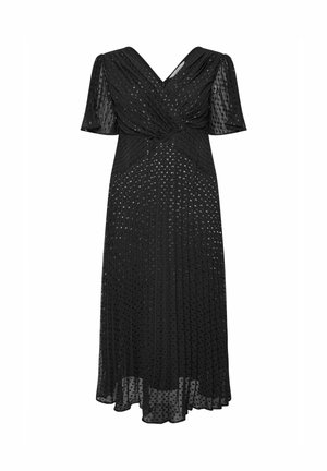 Robe midi noire avec décolleté en V, manches courtes bouffantes, corsage froncé et motif à pois subtil sur le tissu superposé transparent.