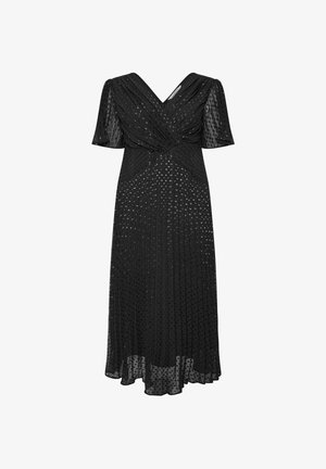 Czarna sukienka midi z dekoltem w serek, krótkimi bufkami, marszczonym przodem i subtelnym kropeczkowym wzorem na przezroczystej warstwie tkaniny.