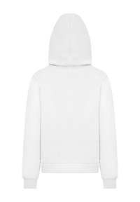Hvit hettegenser med en glatt tekstur, designet med kengurulomme og ribbede mansjetter. Har en avrundet søm bak.
