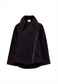 Chaqueta de mezcla de lana negra con un alto cuello, detalle de cremallera asimétrica y mangas anchas, que presenta un dobladillo redondeado y una textura suave.