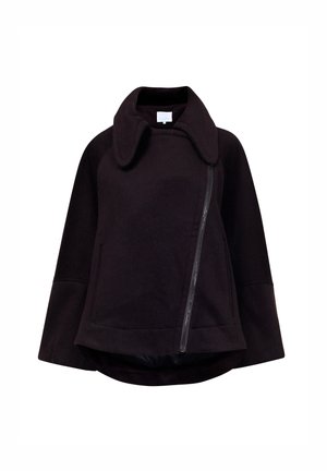 Veste en mélange de laine noire avec un col haut, détail de fermeture éclair asymétrique et larges manches, présentant un ourlet arrondi et une texture lisse.