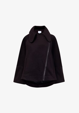 Schwarze Wollmischung Jacke mit hohem Kragen, asymmetrischem Reißverschlussdetail und weiten Ärmeln, mit abgerundetem Saum und glatter Textur.