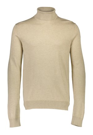 Ljus beige polotröja, ribbat krage och muddar, figursydd design, mjuk textur, slät stickad material, långa ärmar, inga synliga mönster.
