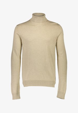 Suéter de cuello alto color beige claro, con cuello y puños acanalados, diseño ajustado, textura suave, material de punto plano, mangas largas, sin patrones visibles.