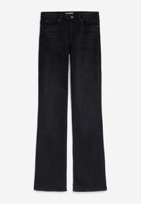 Jean droit noir en denim avec fermeture bouton et zip, poches avant et arrière, et passants de ceinture.