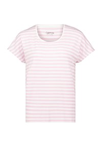 T-shirt à manches courtes en tissu doux, avec des rayures horizontales blanches et rose clair, col rond et coupe décontractée.