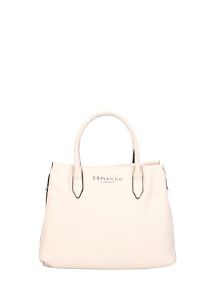 Borsa in pelle color crema con due manici e logo "ERMANNO Firenze" sul davanti, su sfondo bianco.