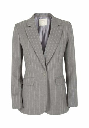 Blazer grigio a righe con revers a lancia, un unico bottone frontale, due tasche anteriori e foderato in modo liscio. Finitura in tessuto testurizzato.
